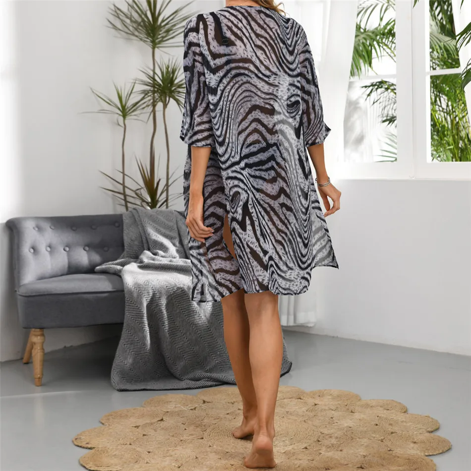CHYAOWU0130 Black Whirlpool Printed Summer Beach Sunscreen Sexy See-Through Chiffon Casual Beach Cover Up Women Blouse Coat