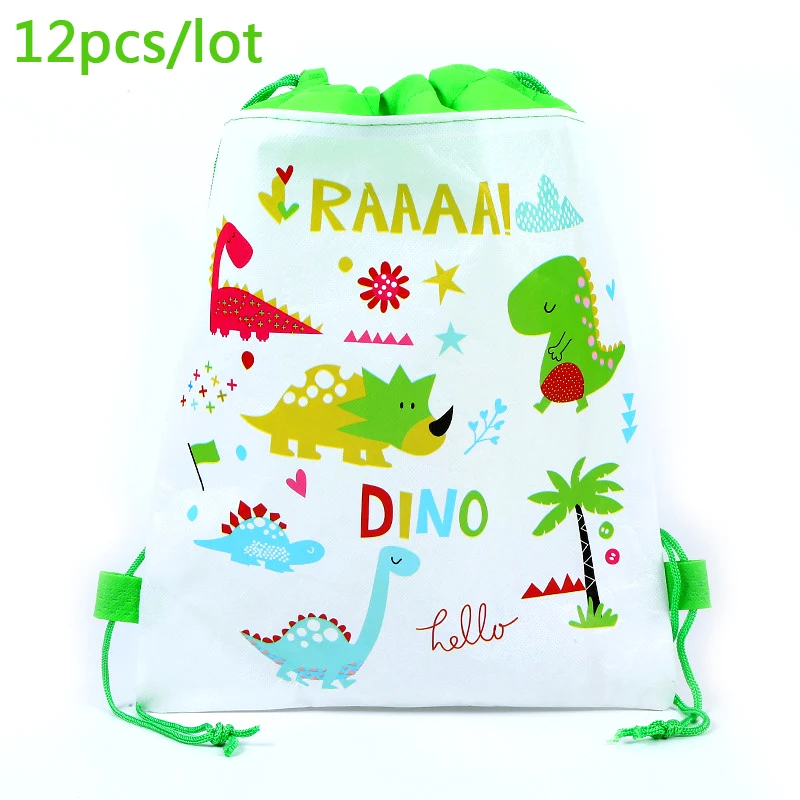 12 шт мотив динозавра Мальчики сувениры Mochila день рождения нетканые ткани Drawstring подарки мешочки для вечеринки перед рождением ребенка украшения для рюкзака
