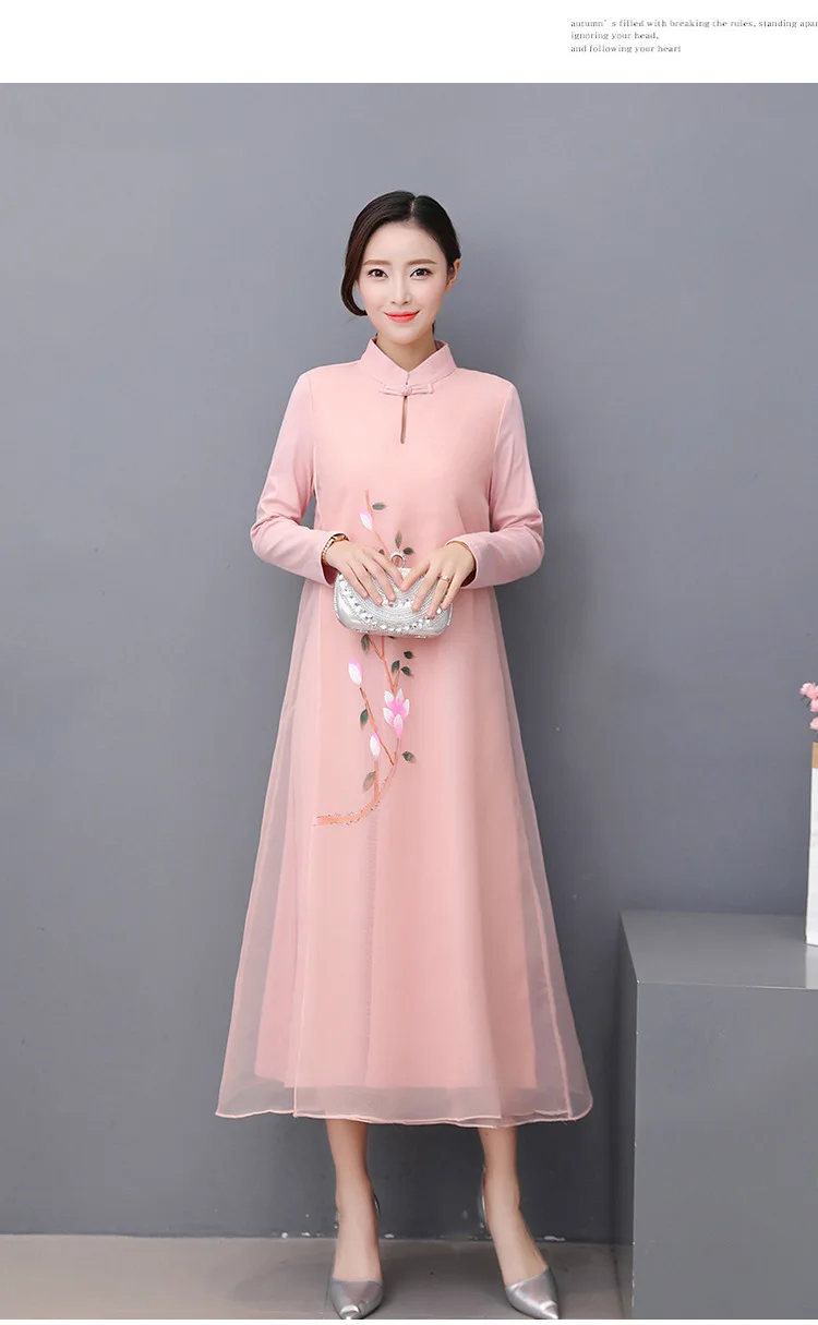 Photo Shoot Spring And Summer Retro National Wind Zen Frog Long Skirts Hand-Painted Knitted Organza Cheongsam Dress