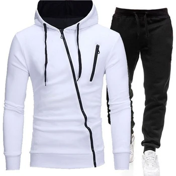 

Solid color 2020 new men's solid color leisure high quality Hoodie + trousers suit men's pull rope diagonal zipper pants suit