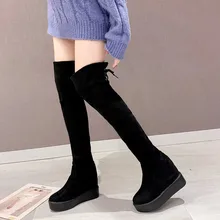 Женские сапоги на очень высоком каблуке и платформе; удобные замшевые женские сапоги на танкетке; ботфорты на шнуровке с круглым носком