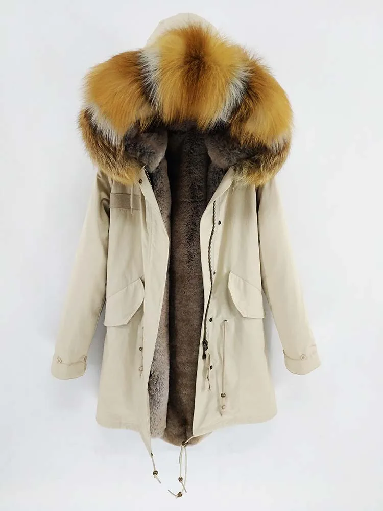 Плюс размер зимняя куртка мужская парка натуральный мех пальто большой натуральный енот меховой капюшон, воротник Толстая теплая верхняя одежда Уличная - Цвет: red fox fur  Khaki