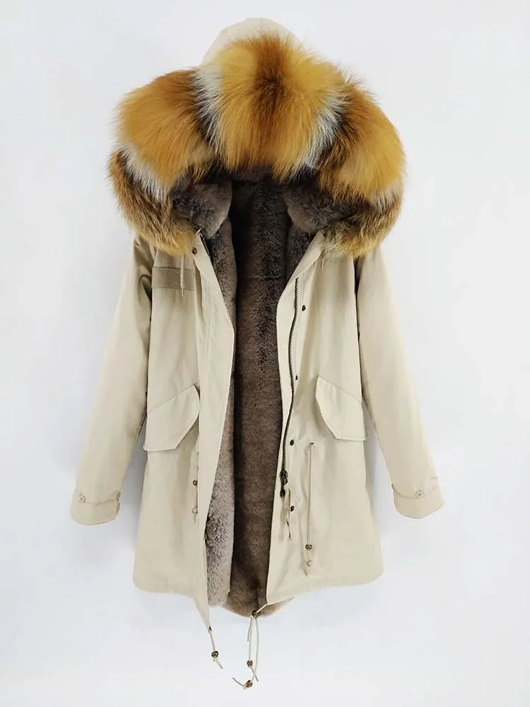 red fox fur Khaki Плюс размер зимняя куртка мужская парка натуральный мех пальто большой натуральный енот меховой капюшон, воротник Толстая теплая верхняя одежда Уличная - Цвет: red fox fur Khaki