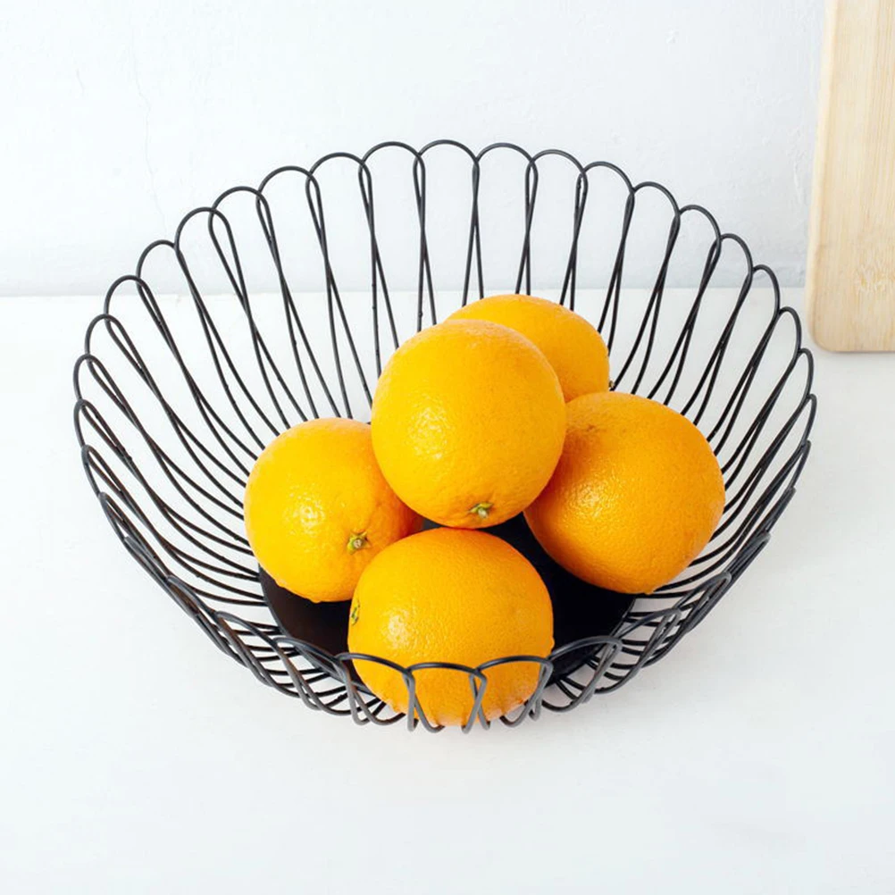 Wrought Iron Fruit Drain Basket Fresh Vegetable Container Basket Hollow-out Storage Tray Holder(Black