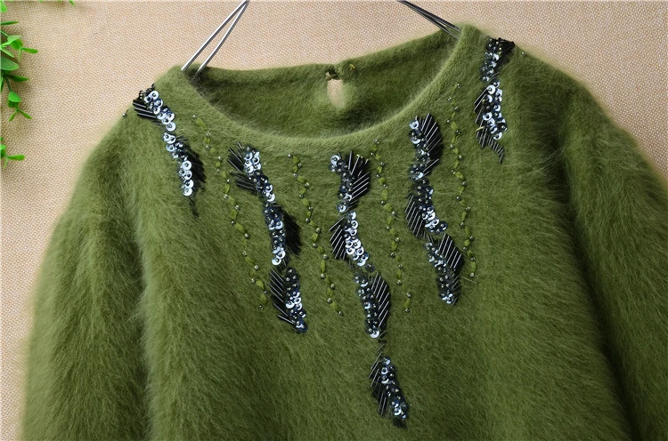 Ladies women mink cashmere o-neck loose fluffy angora rabbit fur loose hand knitted pullover sweater short warm sweater beading