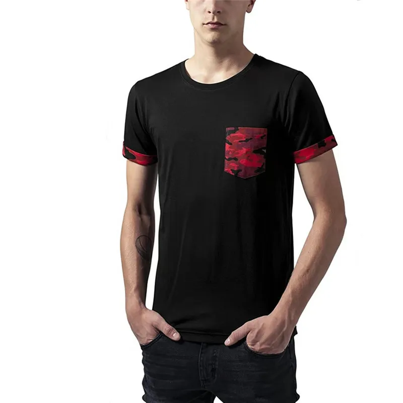 

Men's Casual Sports T-Shirt Thin Slim Fashion Camouflage Contrast Color Pocket Stitching Cuffs Short-Sleeved Round Neck Pullover