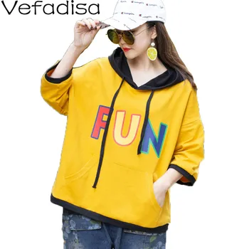 

Vefadisa Spring Letter Print Women T-shirt 2020 Pocket Three Quarter Sleeve Hoodie T-shirt Women Loose Female Top QYF2341