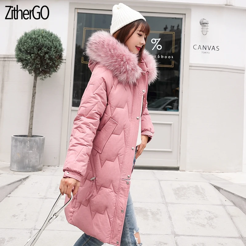 Pink Женские зимние элегантные пальто теплая Повседневная парка Женская мода меховой воротник с капюшоном Длинная Верхняя одежда женская тонкая куртка - Цвет: Pink