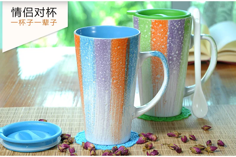 Fsile 2019 New 460ml Creative Belt Spoon Ceramic Mug Couple Milk Coffee Cup Breakfast Milk Tea Mug for Creative Gift Cup