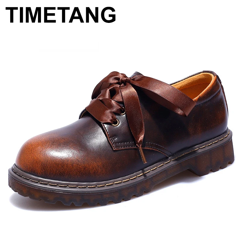 

TIMETANG 100% Genuine Leather Vintage Oxford Shoes for Women British Style Lace up Round Toe Women Flat Oxfords Shoes Size35-40