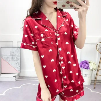 

Pajama woman summer sexy lapel pajama cardigan type short-sleeved shorts two suit Korean version home wear casual sleepwear