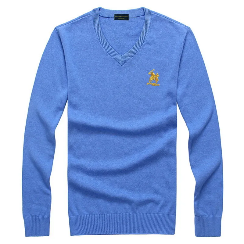 Вышитый логотип поло, Осень-зима, мужской свитер с v-образным вырезом, Мужская молодежная трендовая рубашка из чистого хлопка, приталенная вязаная 8508 - Цвет: Синий