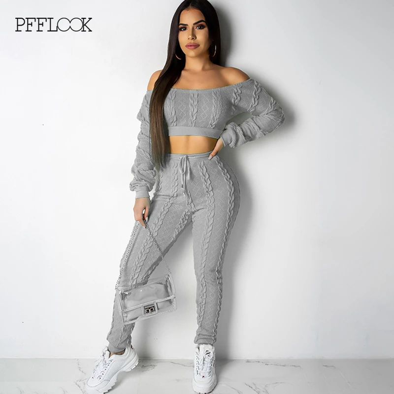 

PFFLOOK Pullove Knitted Sweater Jumpsuitr Bodycon Long Sleeve High Waist Two Piece Set Tracksuit Women Sexy Elegant 2 Piece Set