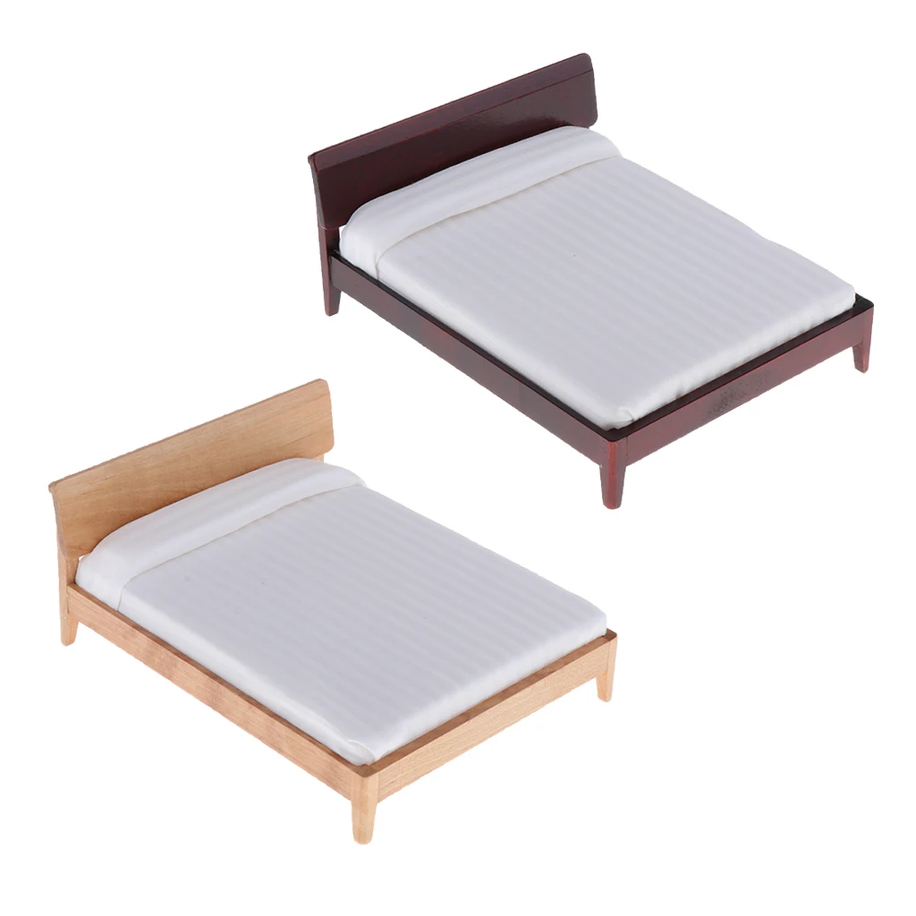 1:12 Dollhouse Bedroom Furniture Set - Wooden Bed & White Mattress Pillow - Doll House Life Scenes Decoration