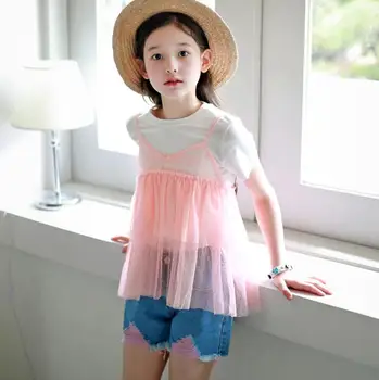 

2020 Korea Style Girls 2 Pcs Set Patchwork T-Shirt+Denim Shorts Fashion Summer Girls Suits 3-8 years QH335