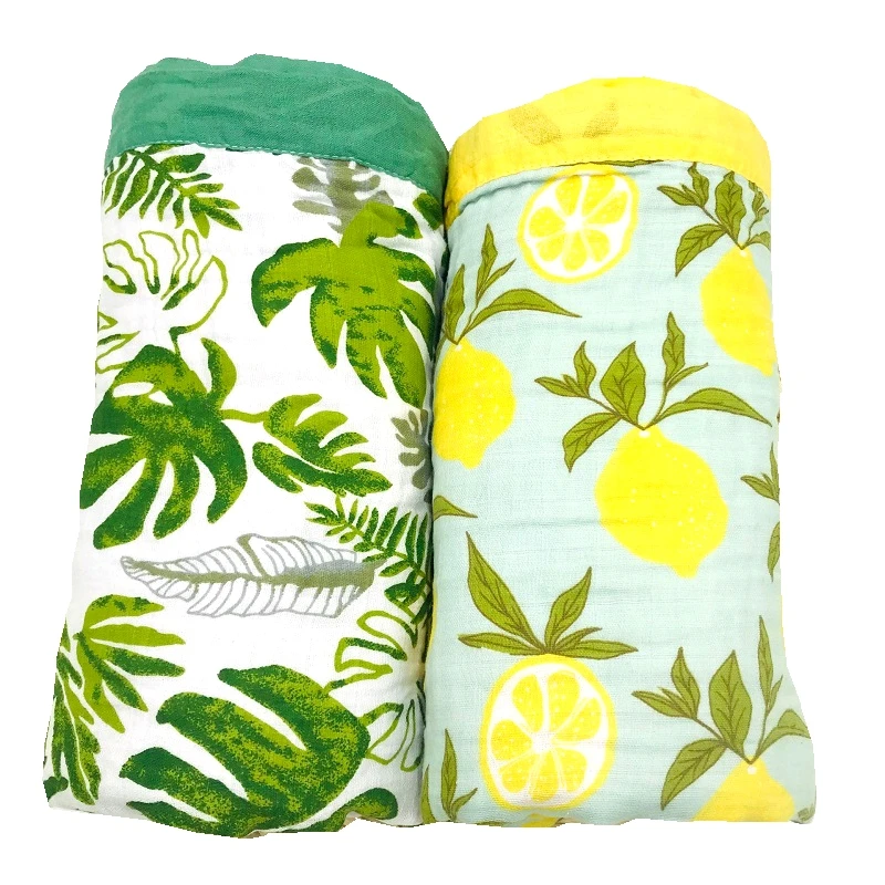 Лимон и тропический лес 4 слоя 100% хлопок муслиновые одеяла для новорожденных пеленание супер удобные постельные принадлежности одеяло
