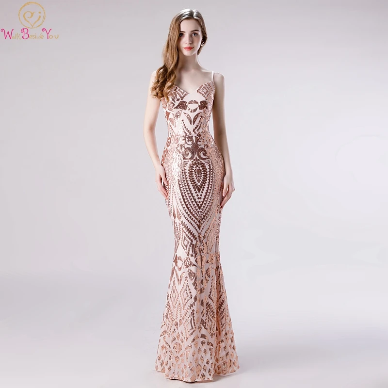 

Spaghetti Straps Mermaid Gold Pink Evening Dresses 2019 V Neck Sequins Elegant Formal Gowns Floor Length Backless abendkleider