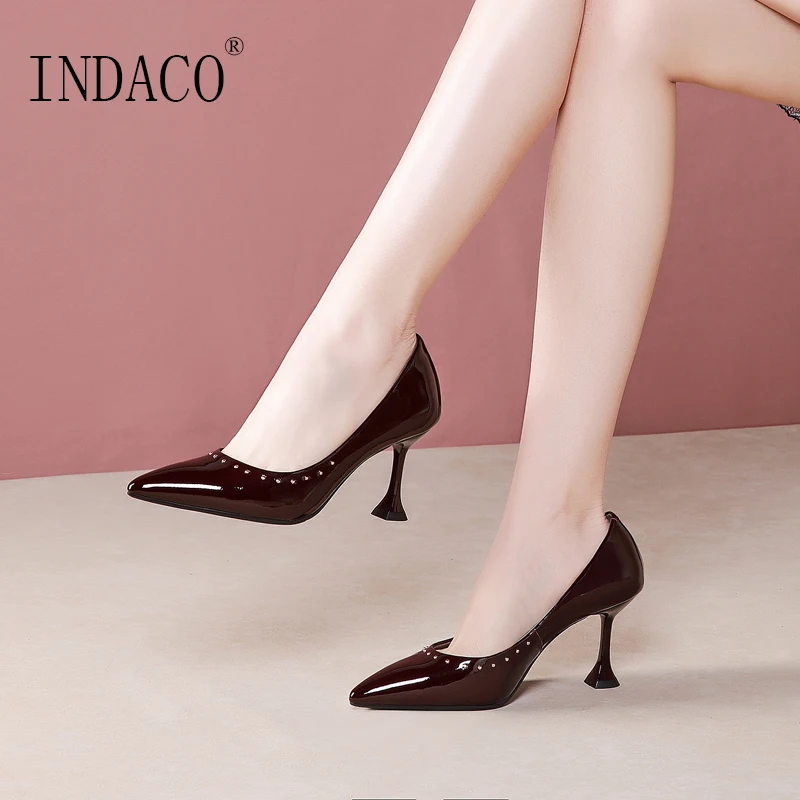 

Red Wine High Heel Shoes for Woman Rivets Pointed Toe Leather Pumps 7.5cm
