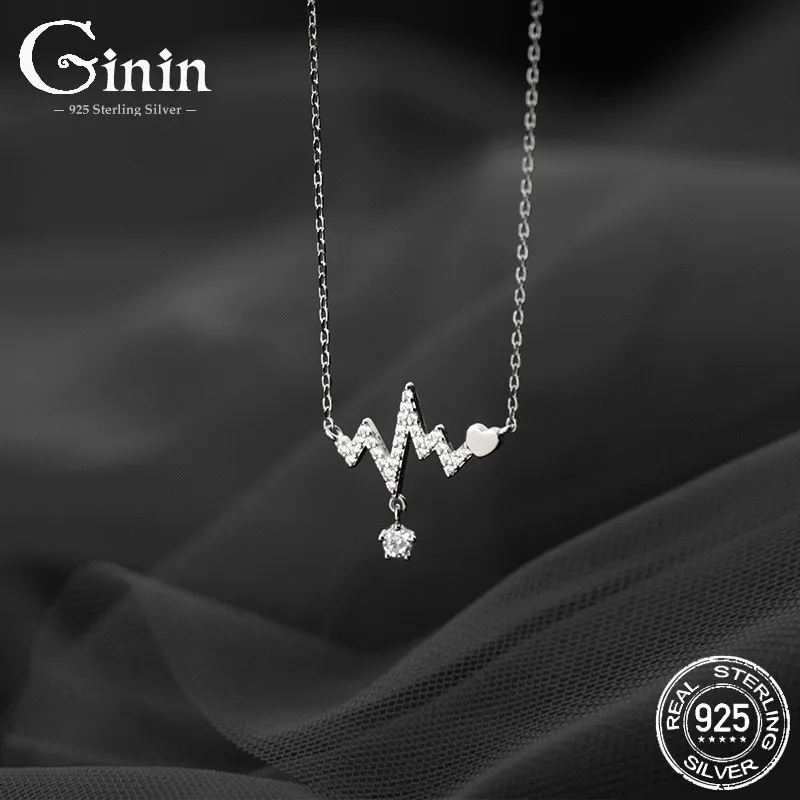 

Ginin 925 Sterling Silver Korean Style Heartbeat Shape Dazzling Rhinestone Pendant Necklace Women's Exquisite Wave Line Choker