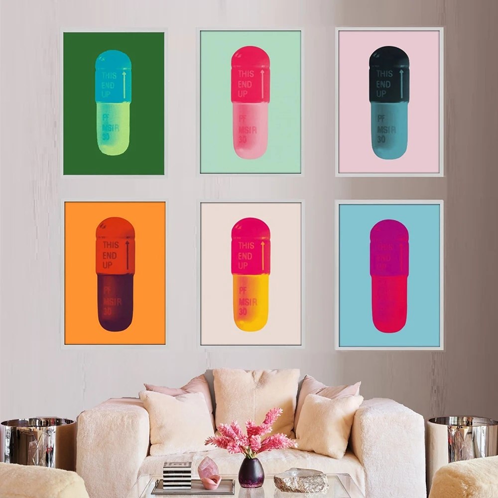 Печатные картины на стену цветные таблетки розовый зеленый мультфильм модульный