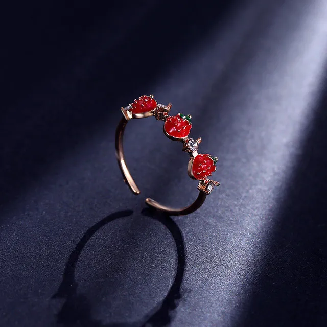 ONEVAN Rhinestones Sweet Fruit Red Strawberry Open Adjustable Finger Rings For Women Girls Party Gifts Strawberry Gold