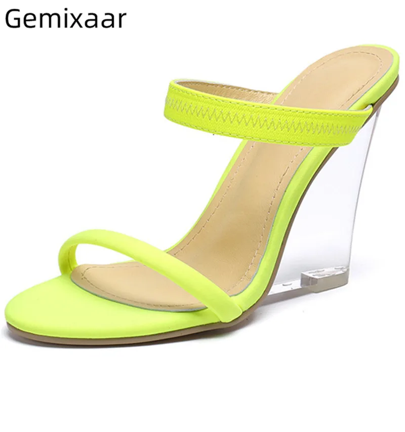 

Limon Color Narrow Band Slipper Women Cool Clear High Wedges Sexy Party Slides Summer New Thin Band Clear Heel Women Slippers 43