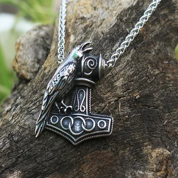 

1pcs men stainless steel viking raven pendant Nordic Pagan men necklace Raven's Mjolnir hammer