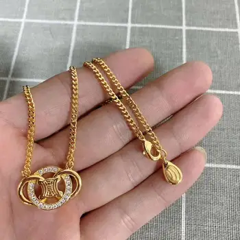 

Small three ring round diamond inlaid triumphal arch brass metal plated necklace clavicle chain Choker collares collar kupe
