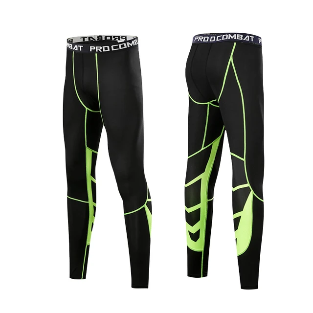 Men's Lycra Compression Pants Cycling Running Basketball Soccer Elasticity Sweatpants Fitness Tights Legging Trousers Rash Guard 1607-Black Green