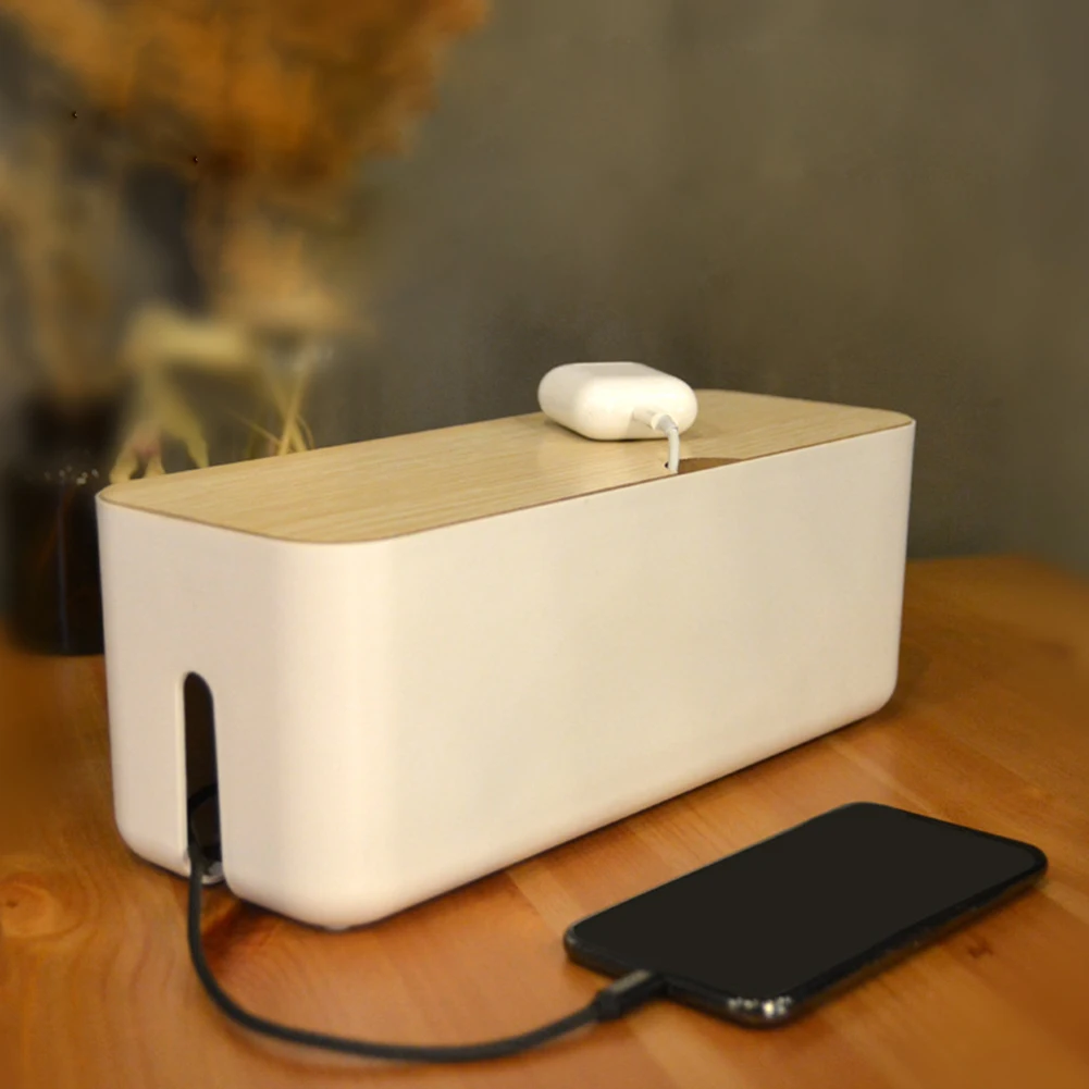 

Cable Organizer Box Hard Plastic Desk Cable Management Box with Holder wood Color Cover for Home Office Cable Winder Storage