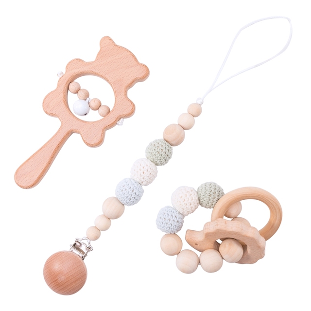 Set Baby Toys Wooden Rattle Infant Baby Teether Musical Baby Rattles Personalized Pacifier Chain Rattles For 0-12 Months Kids