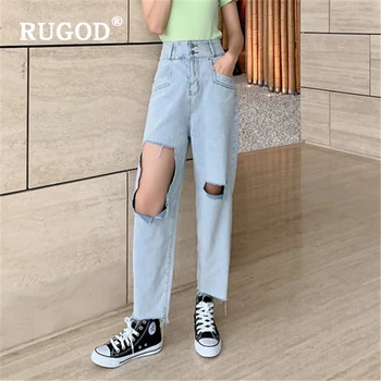 

RUGOD 2020 new arrivals woman jeans pants light blue loose wide leg pants high waist hole fashion female denim pants