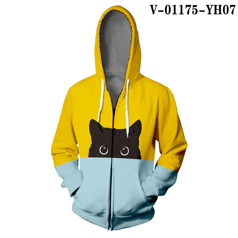 V01175 WAMNI Curious Black Cat толстовка на молнии оранжевая зеленая с цветным принтом Женская 3D Толстовка с капюшоном в стиле хип-хоп киска на молнии - Цвет: V01175