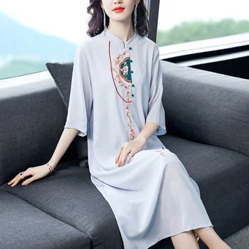 

Chinese Style Dress For Women Embroidery Ladies Dresses Vintage Loose Vestidos De Fiesta Robe Longue Femme Ete Coton Vertidos