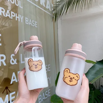

INS Homemade South Korea Cute Cartoon Little Brown Bear Head Cup with Straw Dull Polish Textured Glass Cup Portable Milk Cup