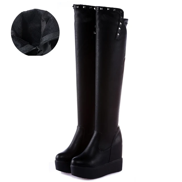 Side Zipper Knights Boot Women Height Increasing Platform Winter Shoes Woman Stretch Febric Wedges Knee High Snow Boots WB067 rivet plush-4