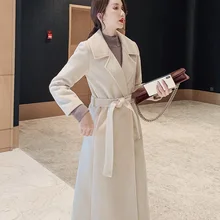 Женское Элегантное зимнее пальто Бандажное длинное шерстяное пальто кардиган свободное шерстяное пальто с поясом