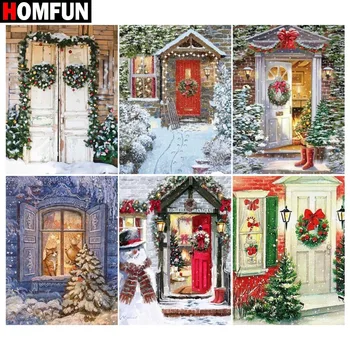

HOMFUN Diamond Painting Cross Stitch "Door christmas winter" Full Square Round Diy 5d Diamond Embroidery Picture Rhinestone Art