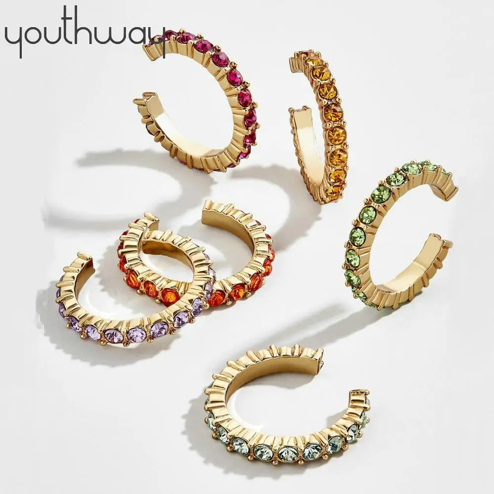 6 pcs set rhinestone paved earcuff color Crystal clip-on earring C Shaped Ear Cuffs For Women Clip on No Pierced Ear Clip