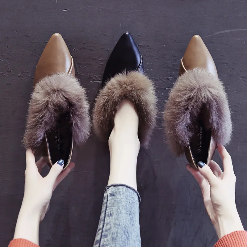 

Flat Moccosins Women's 2019 Winter New Style plus Velvet Versatile Online Celebrity Single Shoes Pointed-Toe Fluffy Shoes Slip-o