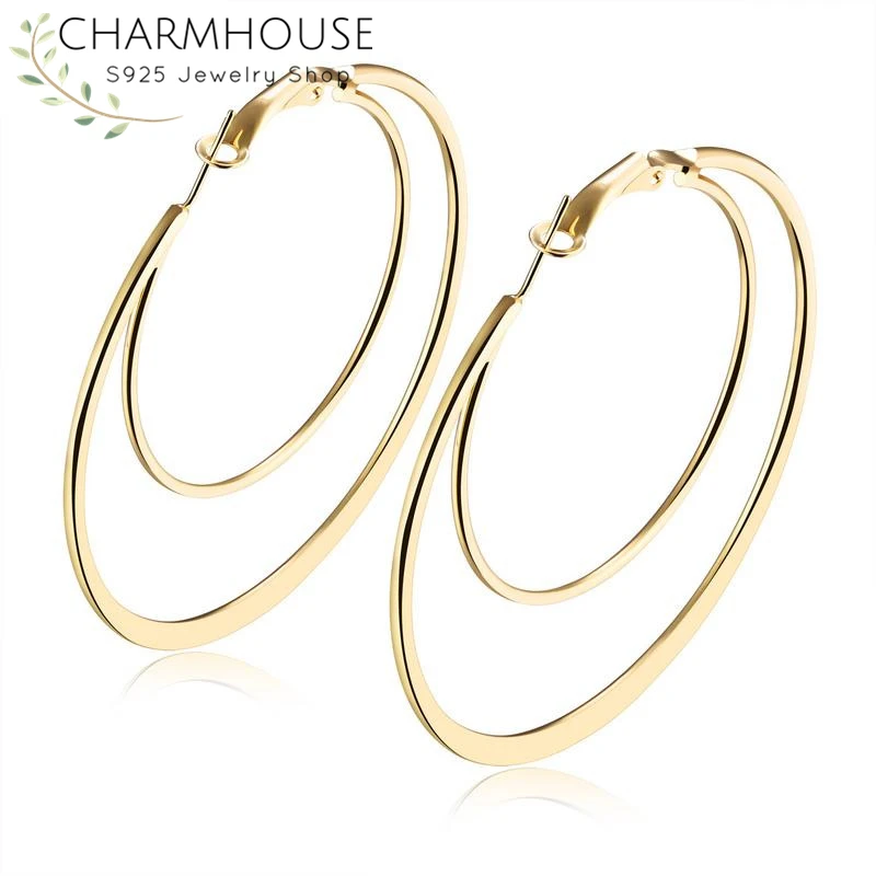 gold color Charmhouse серьги-кольца для женщин из нержавеющей стали золото/серебряный цвет двойной круг круглые сережки Brincos Pendientes модные ювелирные изделия - Окраска металла: gold color