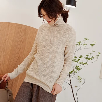 

2019 autumn winter cashmere sweater female pullover high collar sweater women solid color lady diamond check sweater