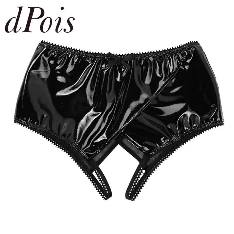 Женское сексуальное нижнее белье с вырезами мокрого вида из лакированной кожи, Трусики с высокой талией, прозрачные сетчатые трусики, нижнее белье