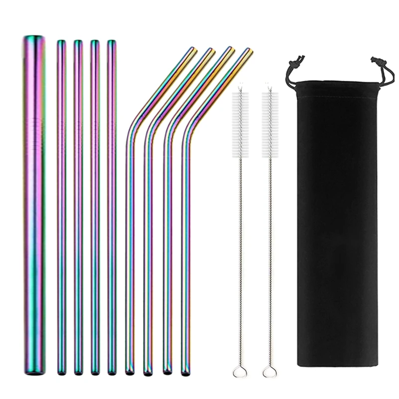 Set of 8 Stainless Steel Metal Straws Ultra Long 10.5 In Reusable Straws for Tumblers Rumblers Cold Beverage 4 Straight|4 Bent|2 Brushes 