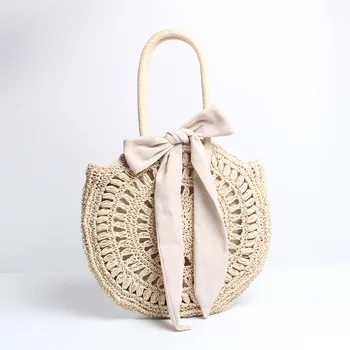 

Ribbon bow simple straw bag woven bag female Japanese new round crochet beach bag vacation shoulder bag