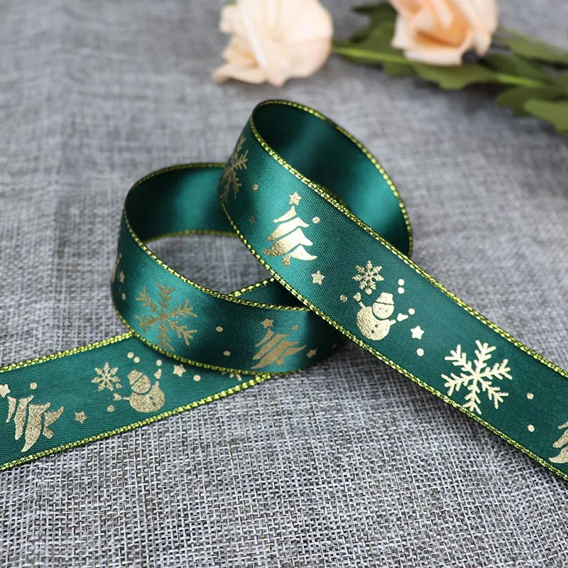 5 Yards 25mm Bronzing Christmas Ribbon Printed Polyester Ribbon For Christmas Decoration Gift Wrapping DIY Sewing Fabric