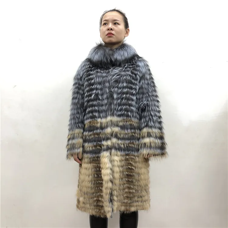 Натуральное Женское пальто с мехом серебристой лисы, шерстяное пальто, стильная вязаная подкладка, воротник-стойка, настоящая длинная теплая зимняя куртка