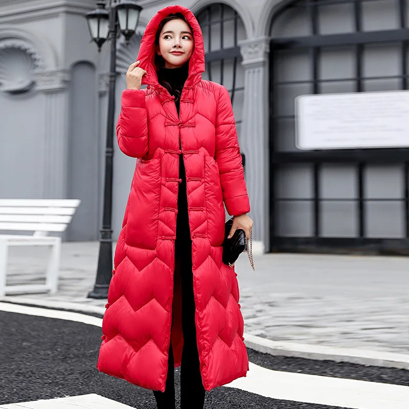 

2018 Winter New Style over-the-Knee Long Slim Fit down Feather Cotton-padded Jacket Ethnic-Style Frog Slimming X-long Cotton Ove