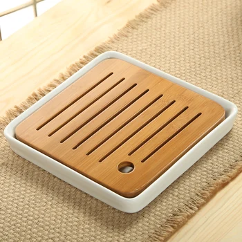 

[GRANDNESS] 1 X Square Bamboo Flat Tea Table with White Ceramic Holder Serving Tray 21*21cm Ceramic Bamboo Tea Tray