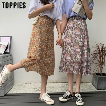 

2020 floral chiffon skirts women's medium length skirt high waist slim A-line faldas korean fashion clothes